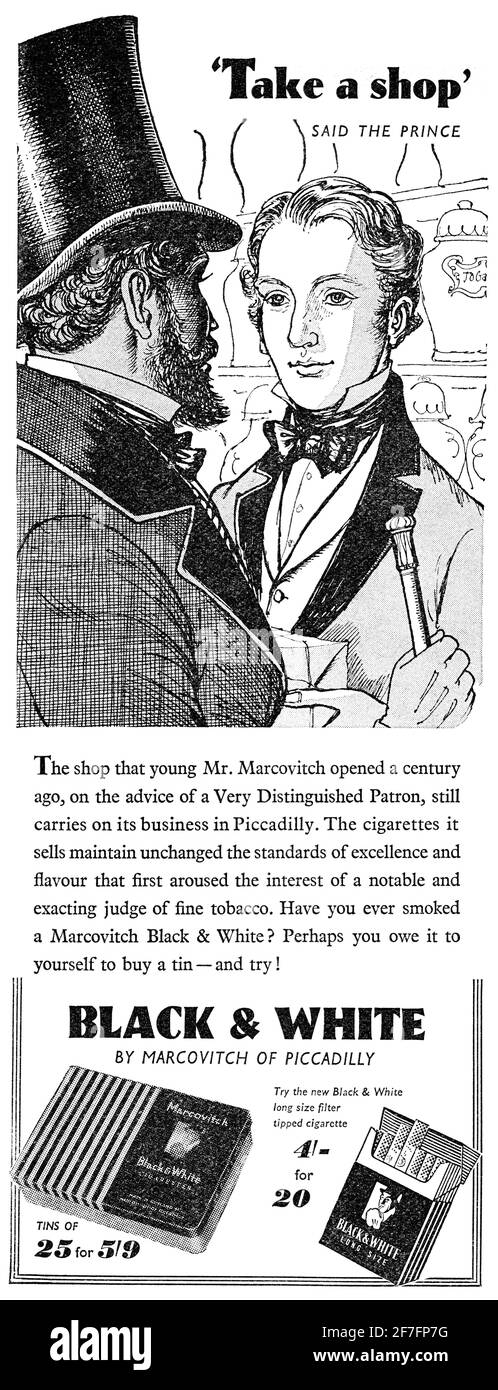 1959 Britische Werbung für Marcovitch Black & White Zigaretten. Stockfoto