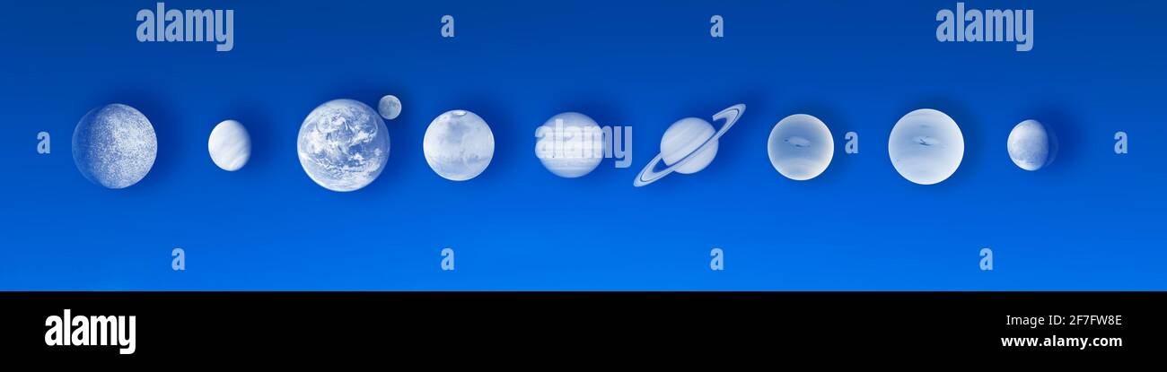 Skizzieren Hintergrund Web Sonnensystem Planeten 3D blau weiß Panorama Wissenschaft Astronomie Astronomie Sterne hellen Glanz Erde Globus globales Horoskop Grafik Stockfoto