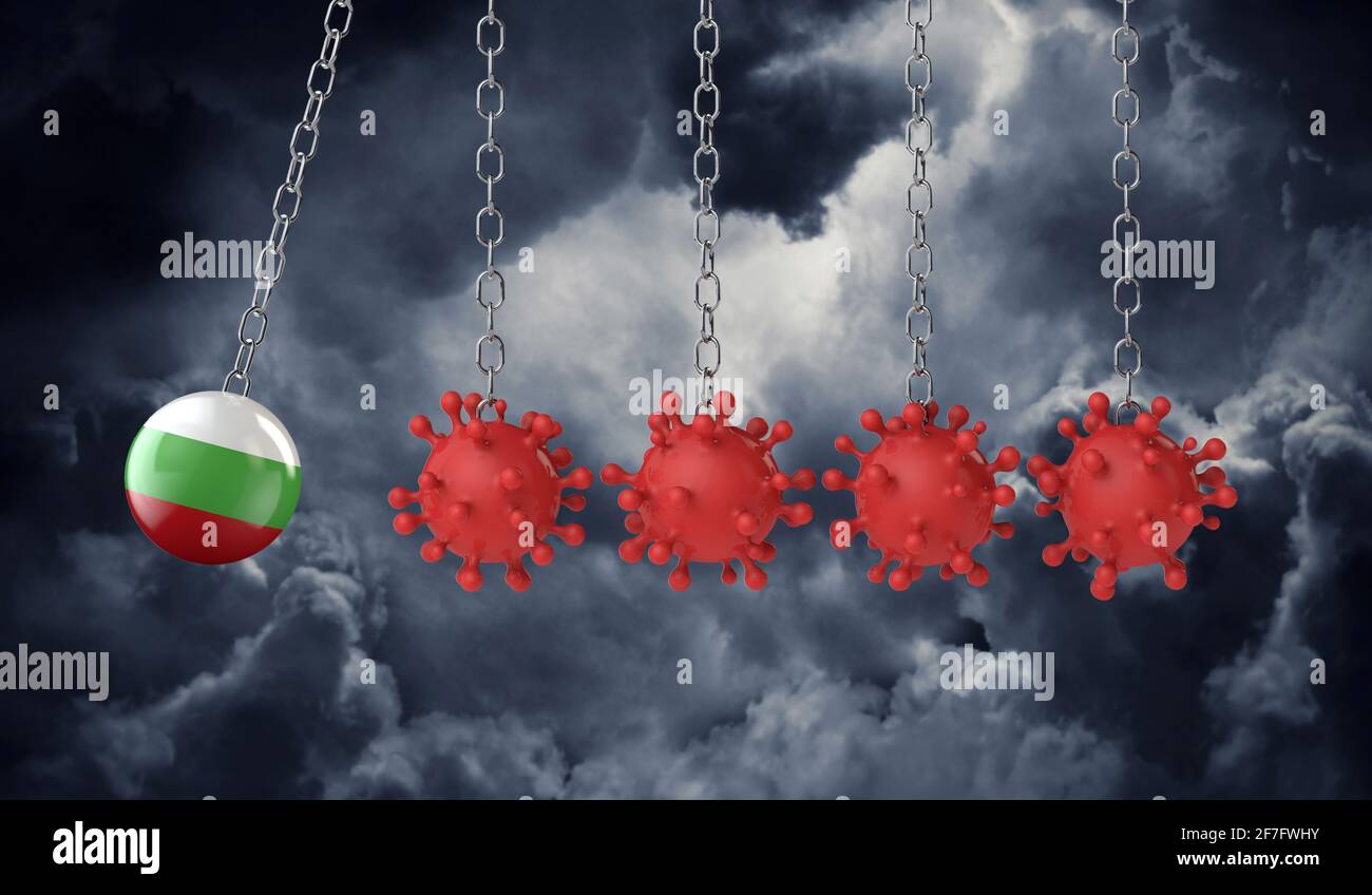 Die bulgarische Flaggenkugel trifft auf eine Reihe von Coronavirus-Molekülen. 3D-Rendering Stockfoto