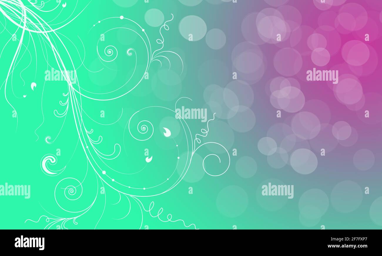 Edler Hintergrund grün türkis lila, pastellfarben sonnig leuchten Licht Sonnenschein, Blätter Ranken floral am Rand Bokeh Glitter luxuriöse zeitlose Design Stockfoto