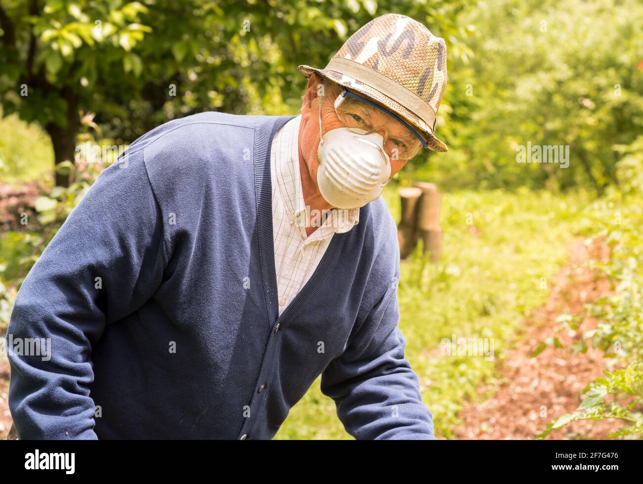 Älterer Mann mit Schutzbrille, Maske und Hut arbeitet im Garten. Stockfoto