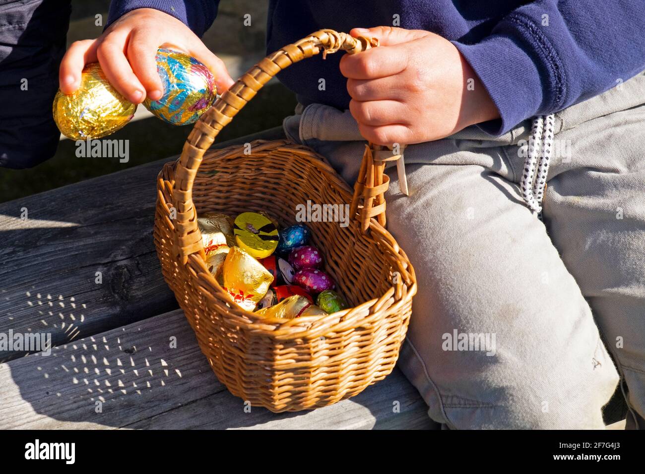 Nahaufnahme eines Kindes, das auf der Bank sitzt und große Schokolade hält Eier in den Osterkorb mit kleinen Eiern nach dem Sammeln Eiersuche UK KATHY DEWITT Stockfoto