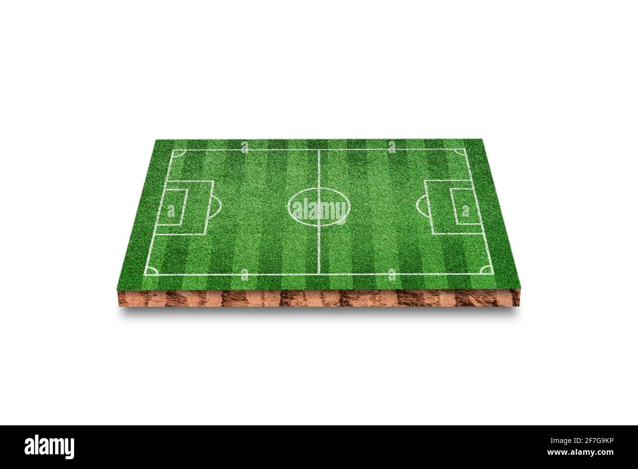 Boden kubischen Querschnitt mit grünem Gras Fußballfeld isoliert auf weißem Hintergrund. 3D-Rendering. Stockfoto