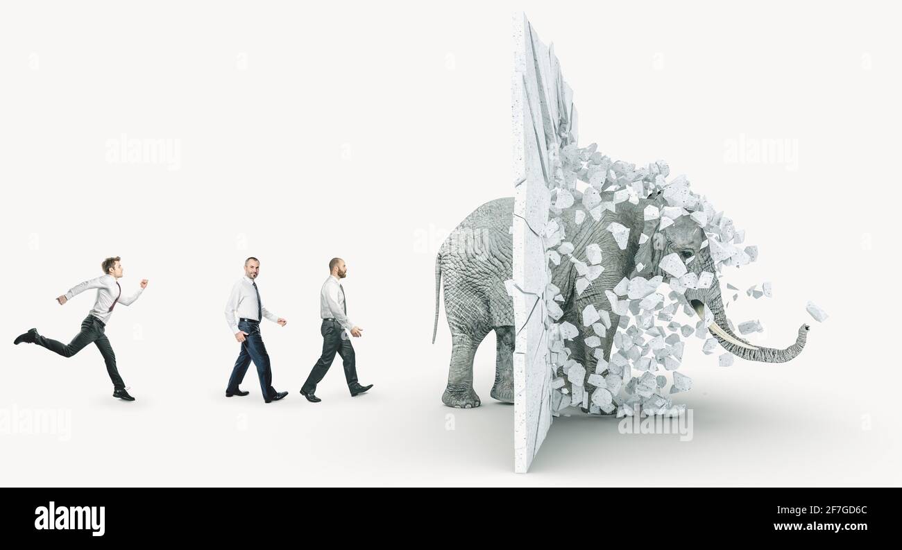 Elefant zerstört eine Wand und öffnet den Weg für Menschen. Problemlösungskonzept. Stockfoto