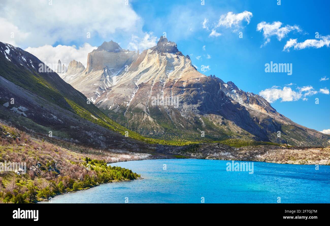 Lake Pehoe und Cuernos im Torres Del Paine Nationalpark, Chile. Stockfoto