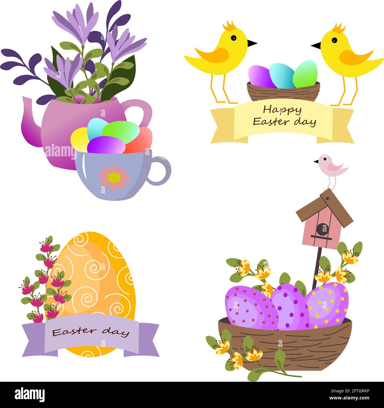 Setze Symbole mit Attributen für Osterhühner, Eier, Teekannen mit Blumen und eine Tasse. Stock Vektor