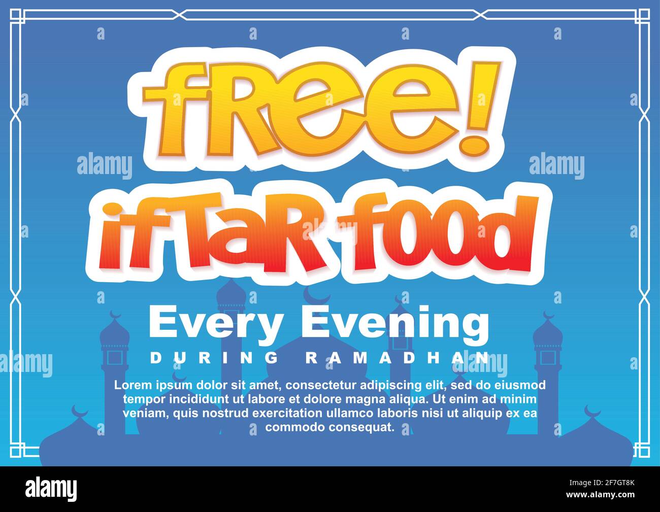 Kostenlose iftar Essen jeden Abend während ramadan Zeichen. Lebensmittel Spende Poster Vorlage Vektor Illustration Stock Vektor
