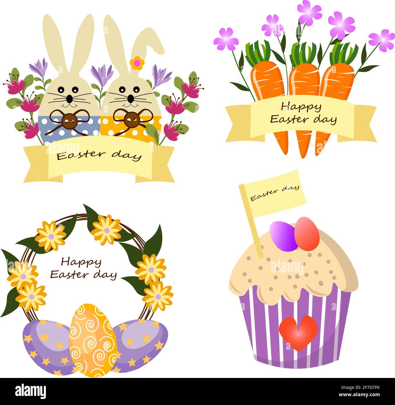 Set mit Osterhase, Osterkuchen, Karotten und einem Blumenkranz. Stock Vektor
