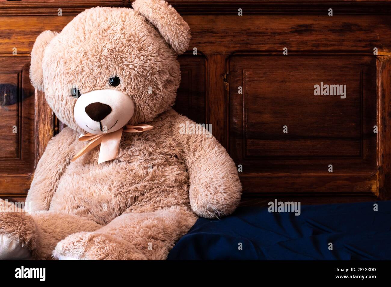 Ein riesiger beiger Teddybär mit einem Bogen schlingt gegen ein Mahagoni-Kopfteil in Toronto, Ontario, Kanada. Stockfoto