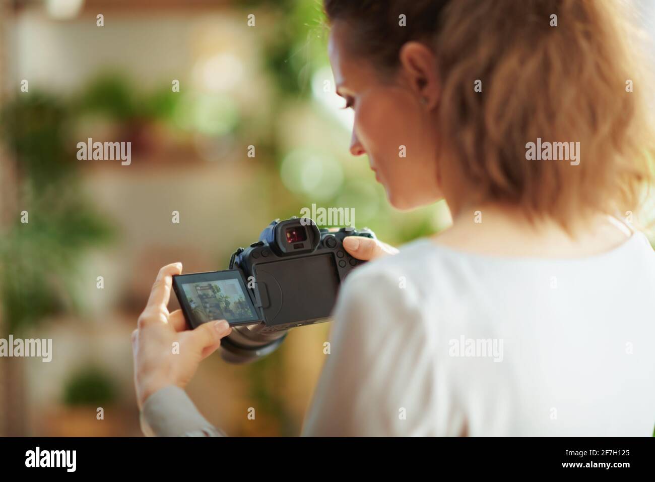 Innenaufnahmen von hinten gesehen junge Fotografin mit spiegelloser Kamera  im modernen Wohnzimmer an sonnigen Tagen Stockfotografie - Alamy