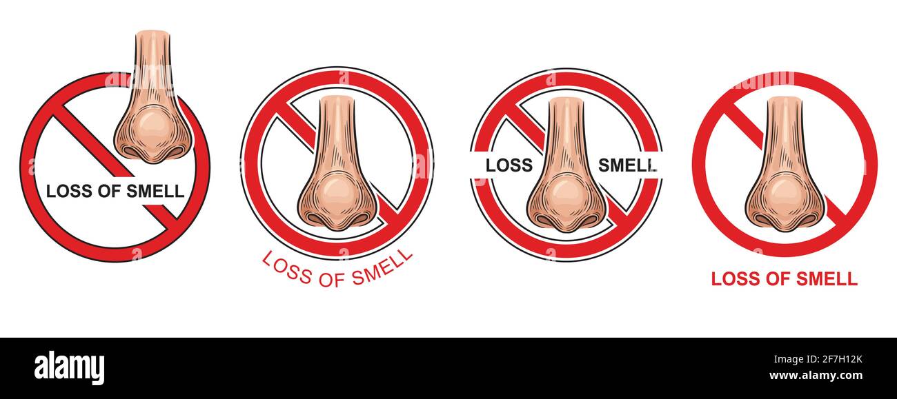 Anosmie, Verlust Fähigkeit zu riechen Symbol gesetzt. Covid-19 Infektion Atemwegserkrankung Symptom. Nase Organ des Duftes. Wahrnehmen von Gerüchen. Warnschild. Vektor Stock Vektor