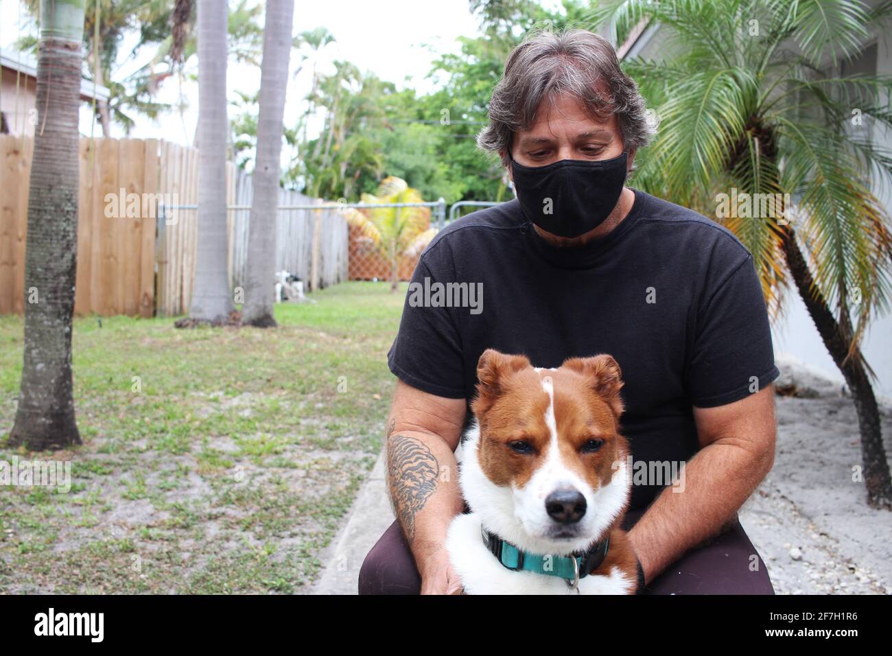Mann und Hund mittleren Alters draußen Stockfoto