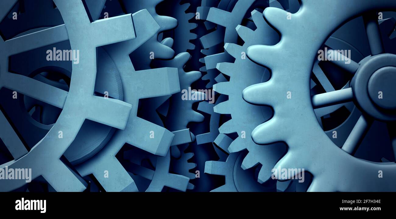 Branchenkonzept mit Motorgetriebe als Geschäftsidee und Wirtschaftssymbol oder wirtschaftlicher industrieller Hintergrund als 3D-Illustration. Stockfoto