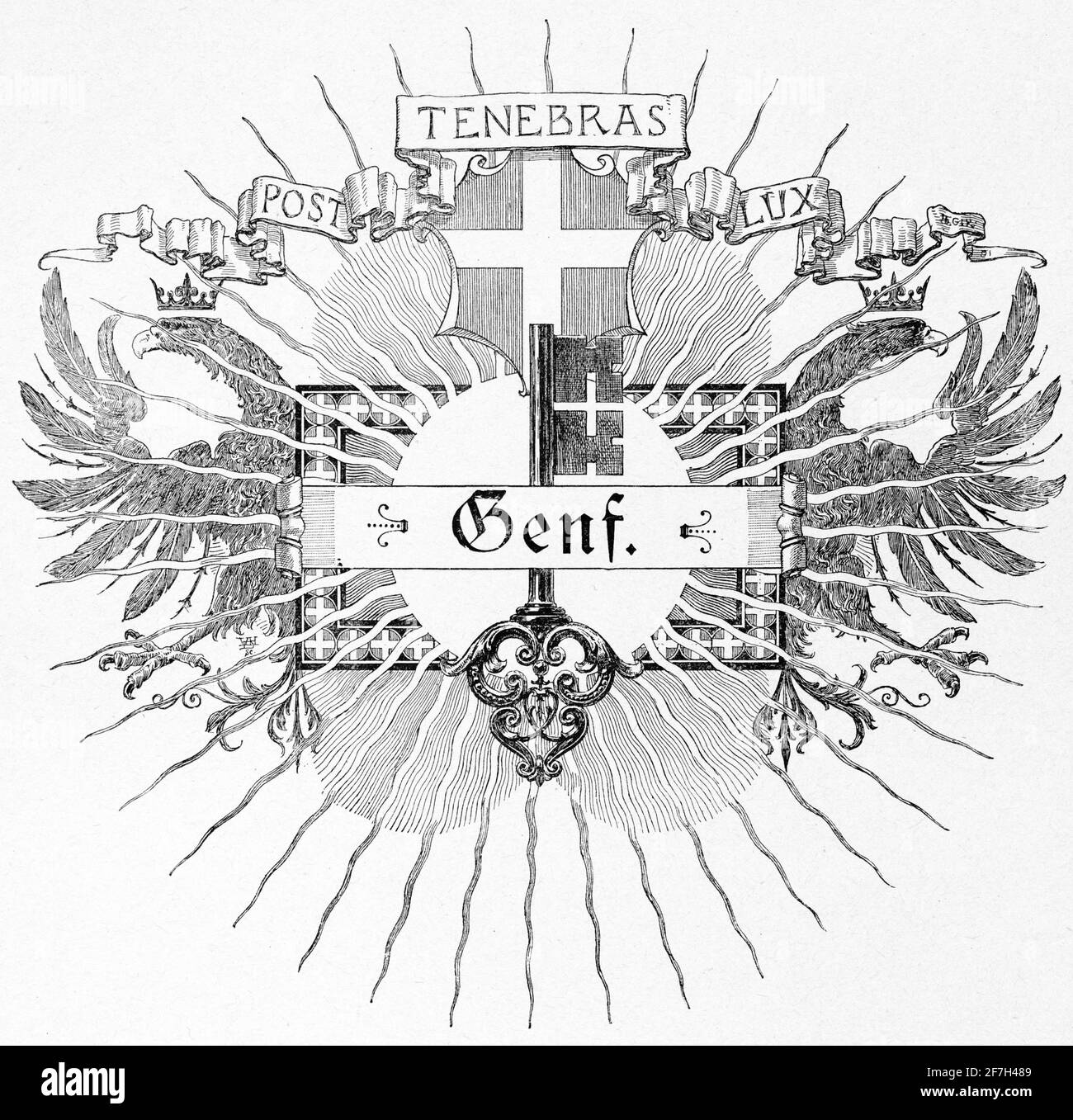 Frontispiz mit lateinischer Inschrift Post Tenebras Lux oder After Darkness Licht, Schweizer Flagge, Adler und Schlüssel, Genf, Schweiz Stockfoto