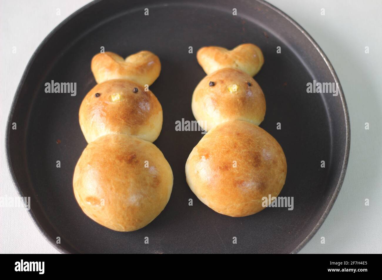 Selbst gebackene Osterhasen-Brötchen. Im Rahmen der Osterfeier gebackene Hasen in der Form eines Hasen. Aufgenommen auf weißem Hintergrund Stockfoto