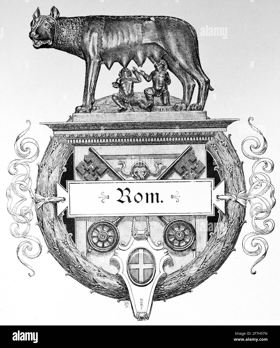 Frontispiz mit der Geschichte von der Gründung Roms mit der Wölfin, die die Zwillinge Romulus und Remus füttert, Rom, Italien, Südeuropa Stockfoto