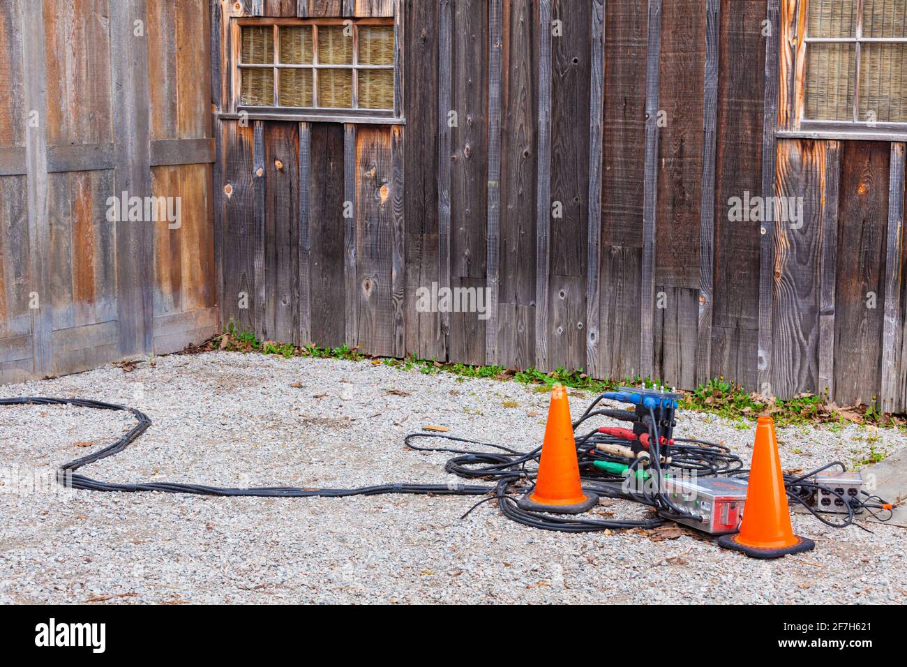 Stromverteilerkabelsystem für ein Filmset in Steveston British Columbia, Kanada Stockfoto
