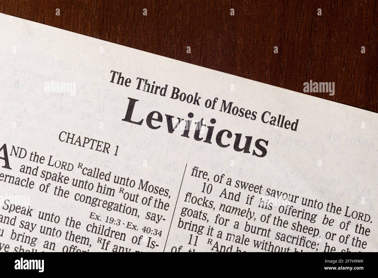 Dies ist die King James Bibel, die 1611 übersetzt wurde. Es gibt keine Urheberrechte. Ein gestochen scharfes Makrofoto der ersten Seite des Buches Leviticus. Stockfoto