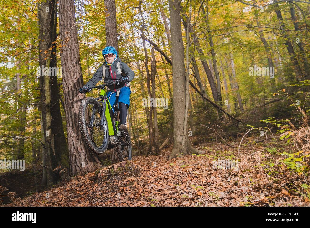 Biker fahren bergab mit einem modernen Elektrofahrrad oder Mountainbike im Herbst oder Winter in einem Wald. Moderner E-Radfahrer im Wald. Stockfoto