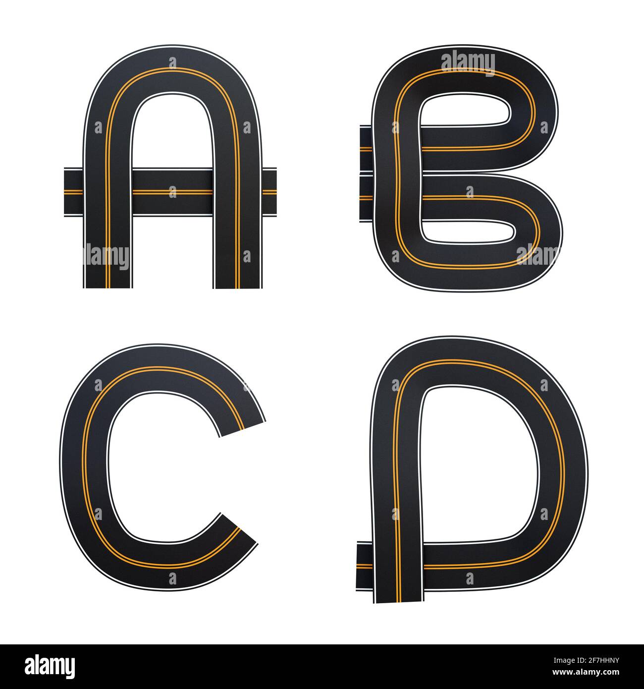 3D-Rendering von Asphaltstraßen Alphabet - Buchstaben A-D Stockfoto