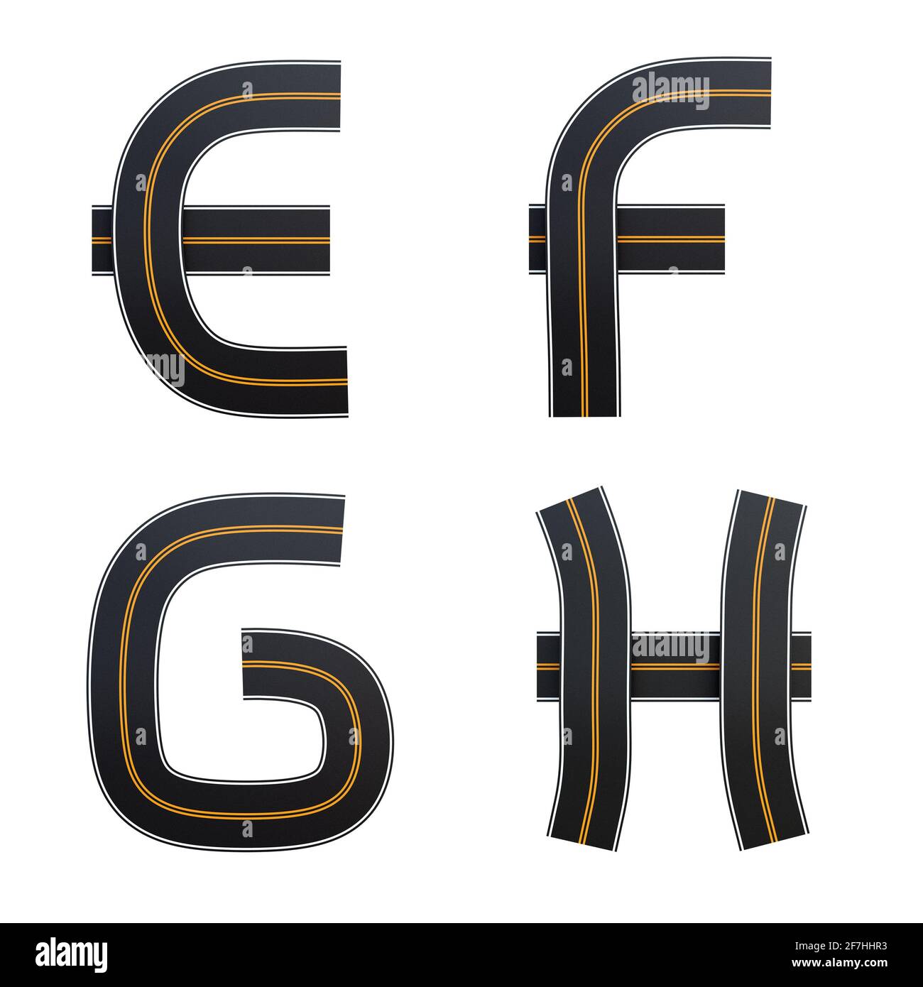 3D-Rendering von Asphaltstraßen Alphabet - Buchstaben E-H Stockfoto