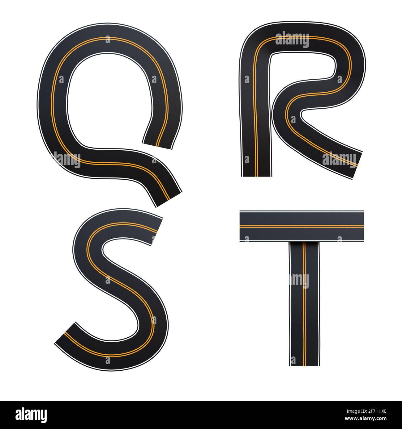3D-Rendering von Asphaltstraßen Alphabet - Buchstaben Q-T Stockfoto