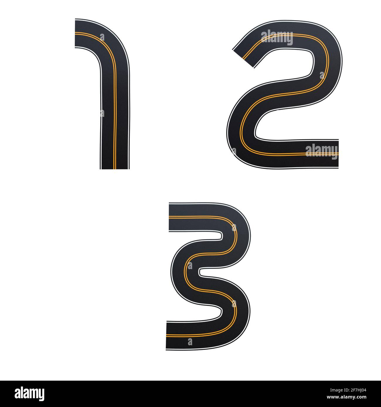 3D-Rendering von Asphaltstraßen Alphabet - Ziffern 1-3 Stockfoto