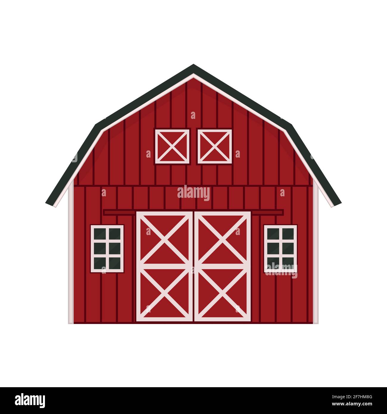 Cartoon Doodle rot Holzscheune Haus, graues Dach, Fenster und Türen mit gekreuzten weißen Brettern. Vektordarstellung isolierte handgezeichnete Illustration auf Weiß Stock Vektor