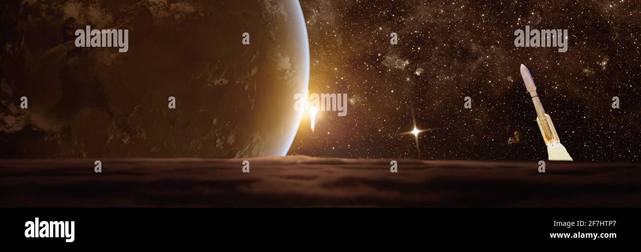 Abstrakte Weltraum-Hintergrundrakete fliegt auf Exoplaneten-Hintergrund,Elemente davon Bild mit 3D-Illustration der NASA Stockfoto