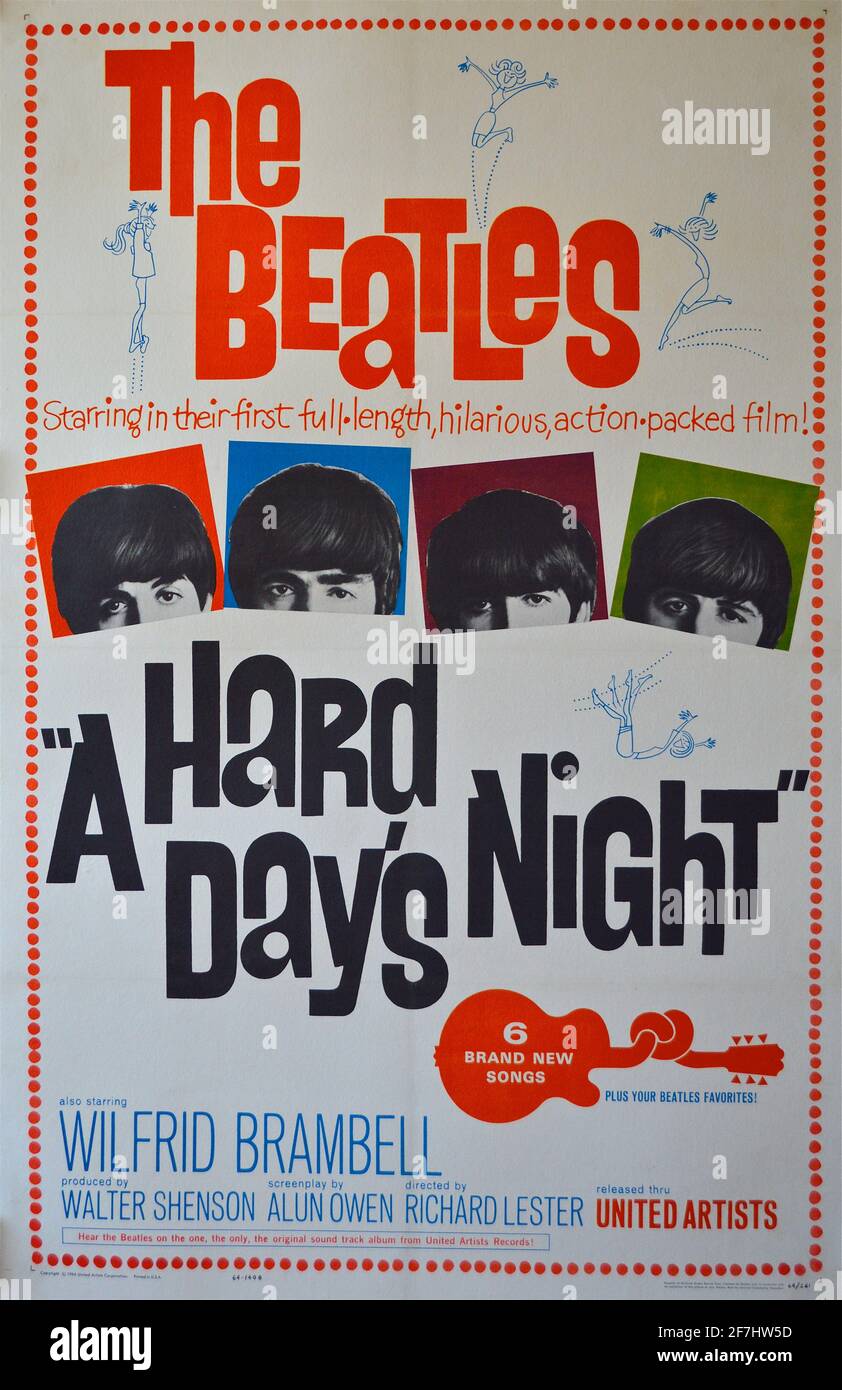 Ein Vintage-Musikplakat für den Beatles-Film A Hard Nacht des Tages Stockfoto