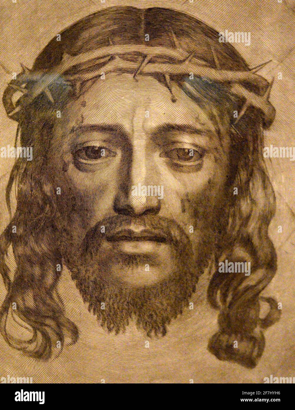 Ein Stich des Antlitzes Christi, der 1649 von Claude Mellan mit dem Titel „der Schleier der heiligen Veronika“ erstellt wurde. Das Originalbild wurde digital eingefärbt. Stockfoto