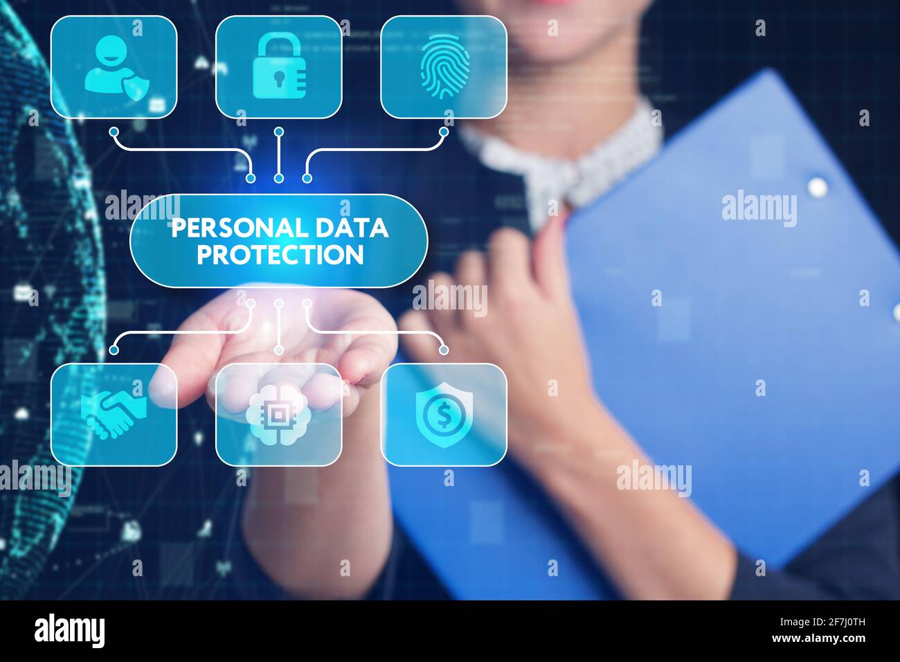 Wirtschaft, Technologie, Internet und Netzwerk Konzept. Junge Unternehmer arbeiten an einer virtuellen Bildschirm der Zukunft und sieht die Inschrift: Persönliche dat Stockfoto