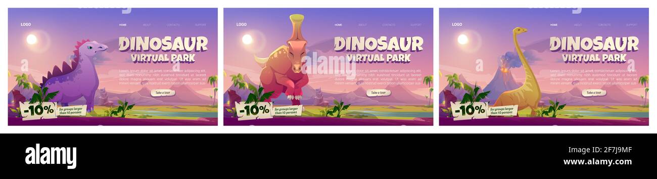 Dinosaurier Virtual Park Banner. VR-Technologien, Augmented Reality mit uralten Reptilien. Vektor-Set von Website-Vorlagen mit Cartoon-Landschaft der jurassic Ära mit Dino-Figuren und Vulkan Stock Vektor