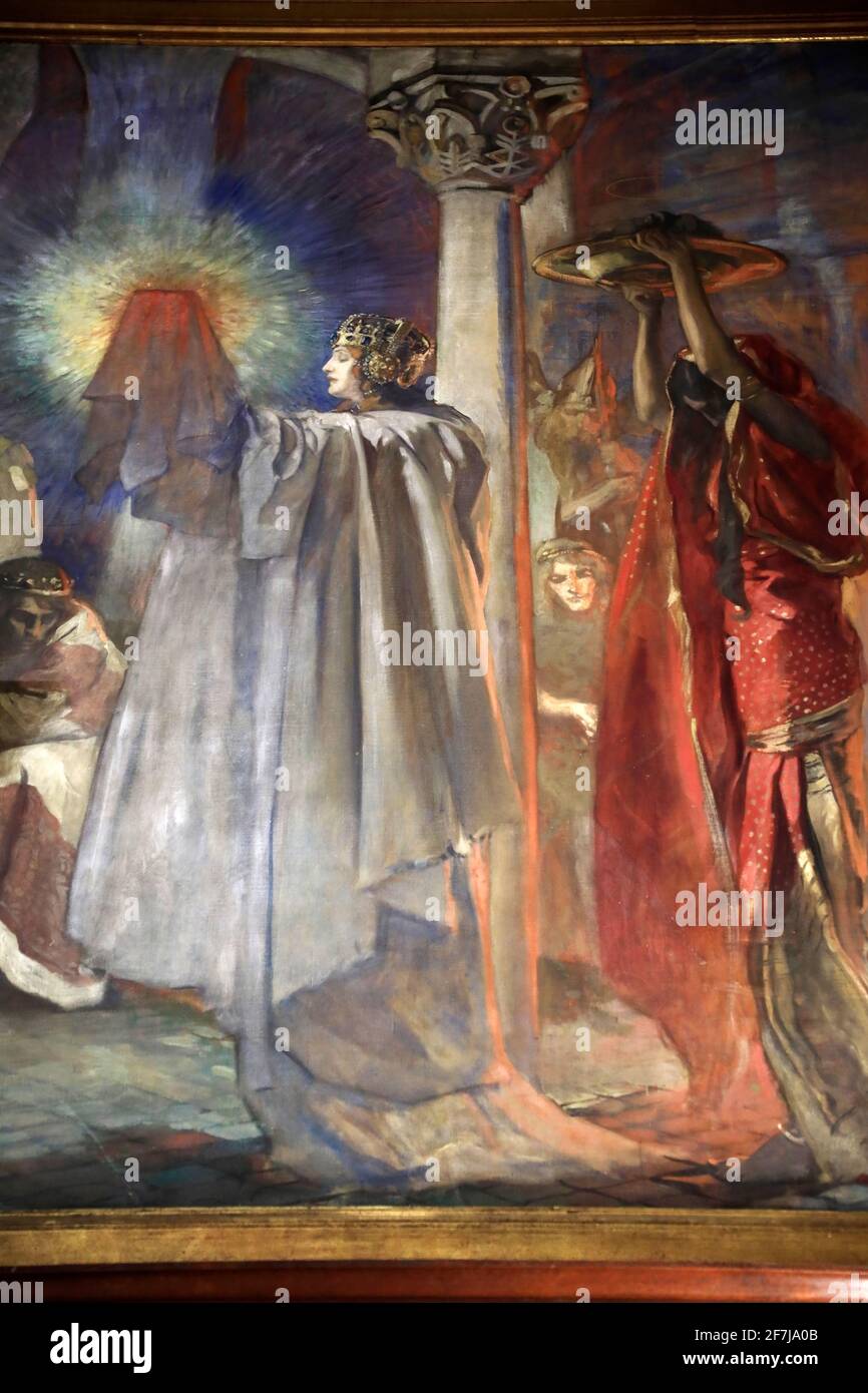 Eine geschlossene Ansicht des Wandbildes von Quest und Errungenschaft des Heiligen Grals im Abbey Room.Boston Central Library.Boston.Massachusetts.USA Stockfoto