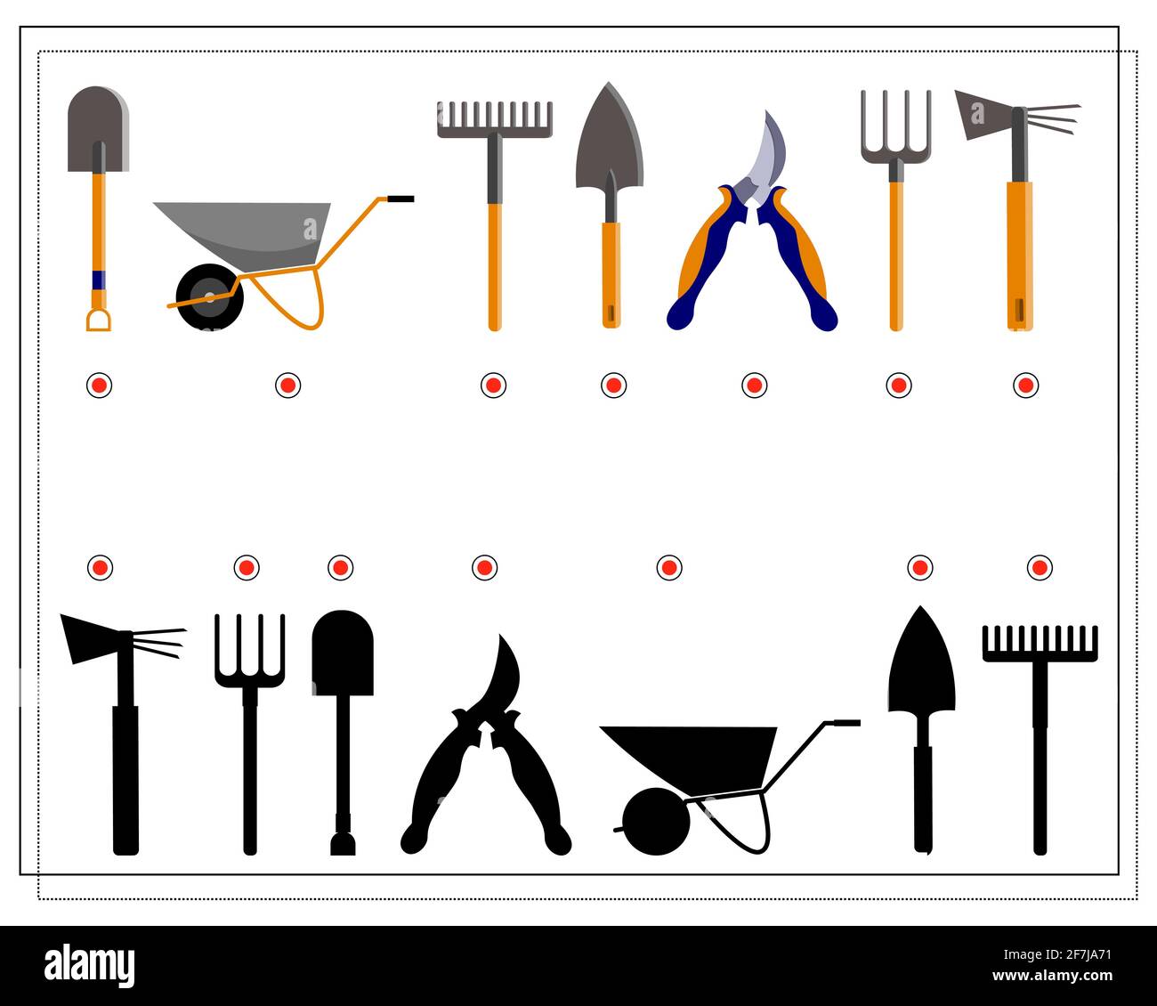 Ein Spiel für Kinder, finden Sie den richtigen Schatten für Gartengeräte. Schaufel, Rechen, Gartenwagen, Beschneiter, Vektor Stock Vektor