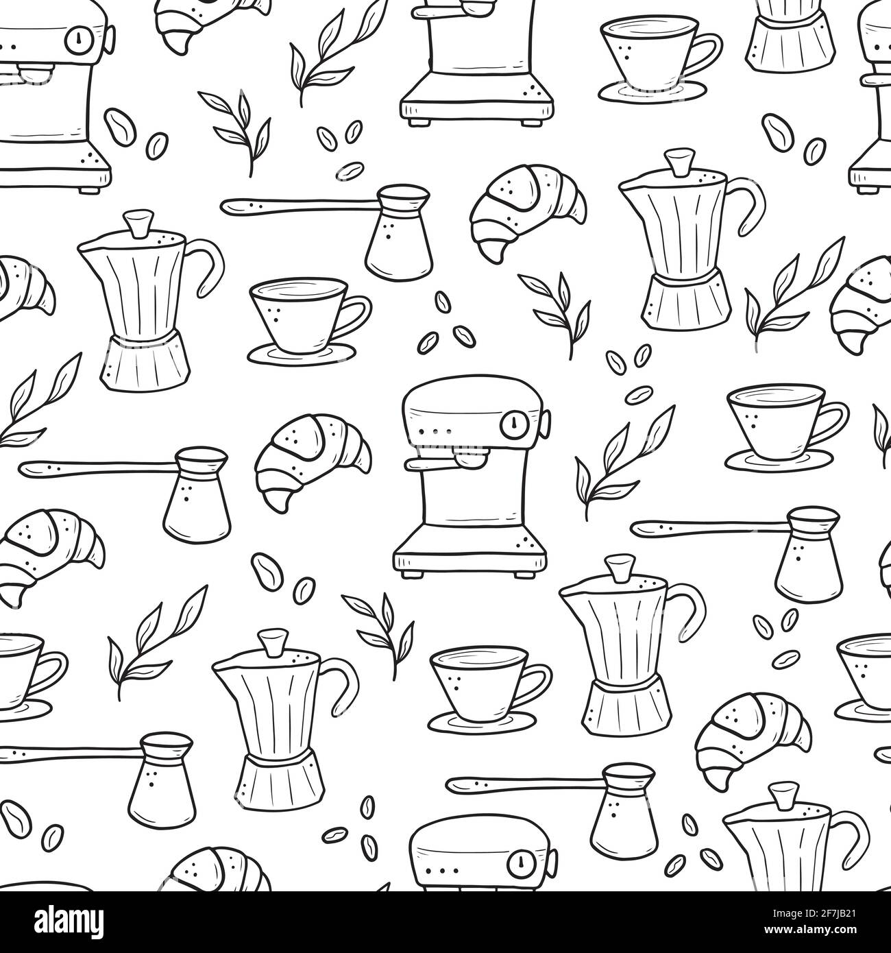 Hand gezeichnet nahtlose Muster von verschiedenen Arten Kaffeetasse, Tasse, Topf, Kaffeemaschine. Doodle-Skizzenstil. Isolierte Vektor-Illustration für Coffee Shop, Café-Tapete, Hintergrund, Textil-Design. Stock Vektor