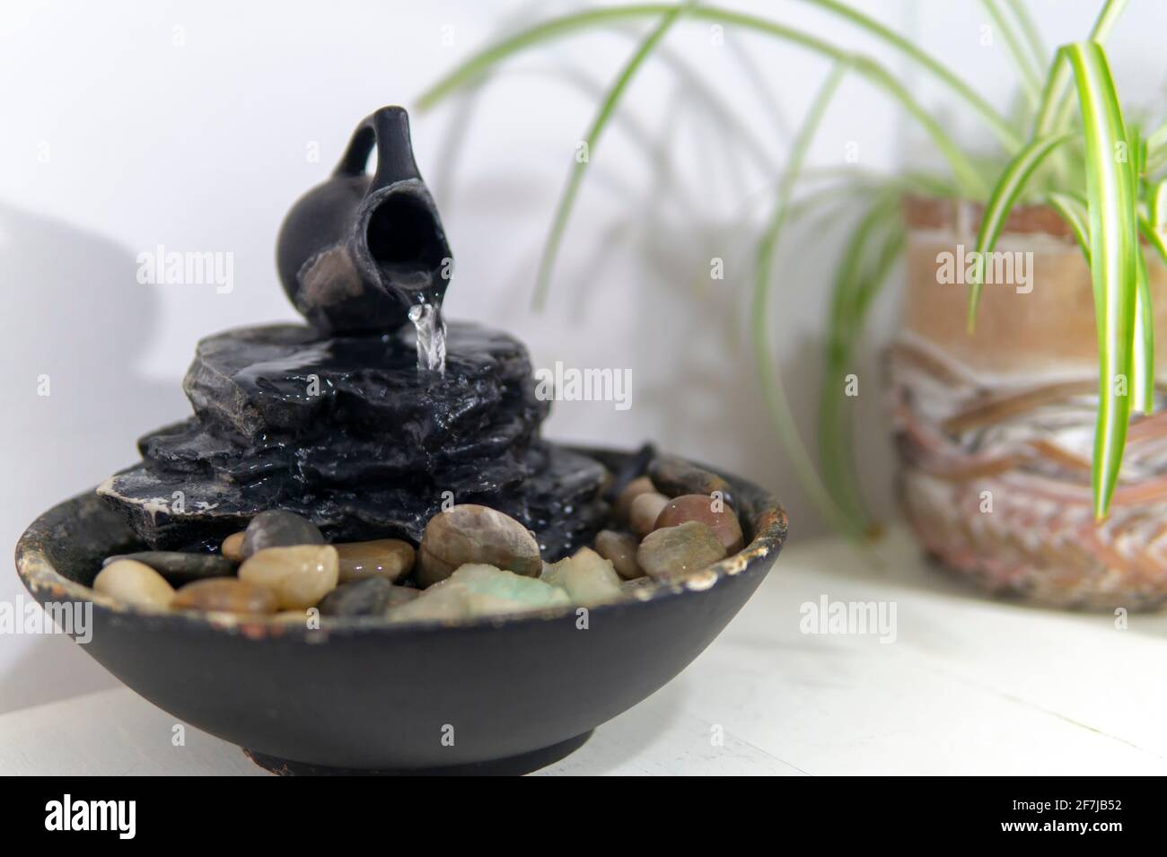 zen-Wasserbrunnen auf weißem Hintergrund neben einem Grüne Pflanze in einem Topf Stockfoto