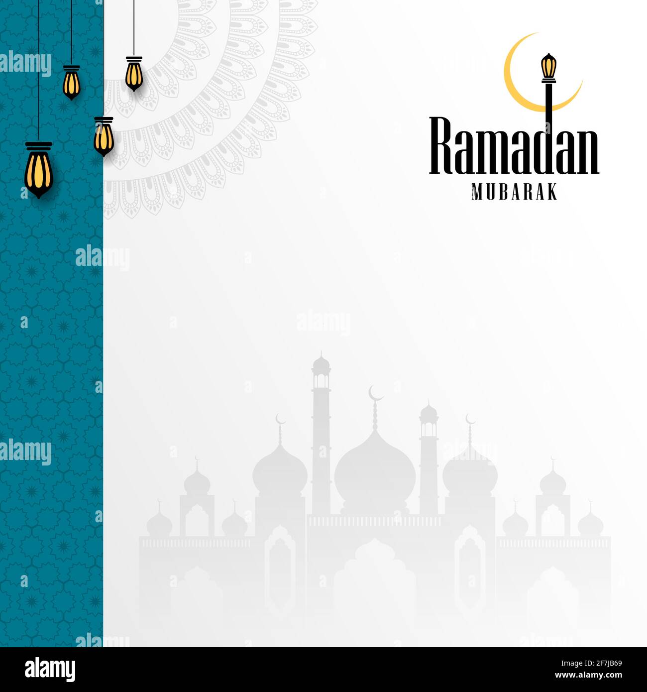 Ramadan Kareem schöne elegante Tapete auf weißem Hintergrund mit Beleuchtung Laterne Lampe, Masjid und Arabisch Muster Stock Vektor