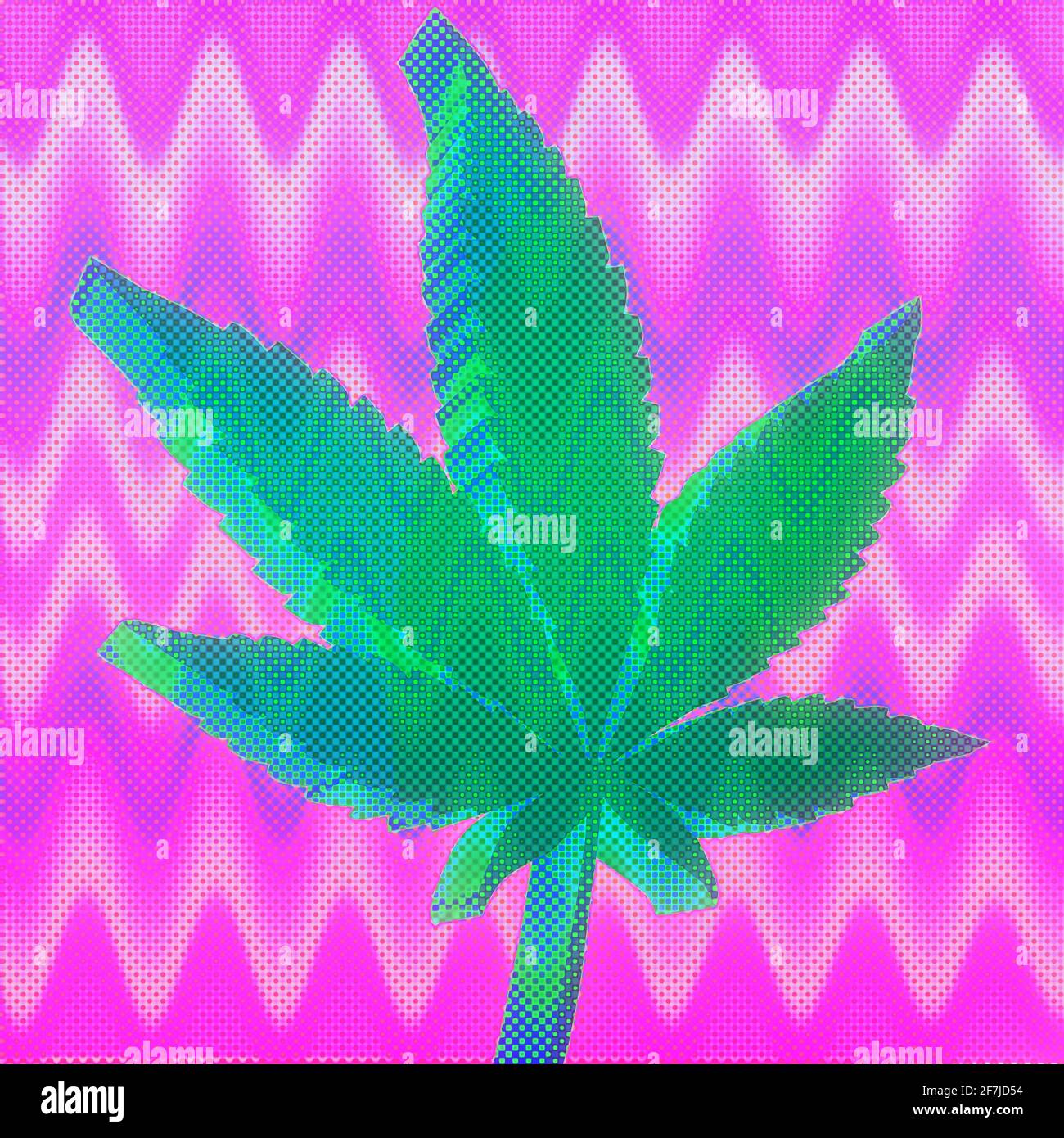 Ein abstraktes psychedelischer Grunge-Cannabisblatt-Hintergrundbild. Stockfoto