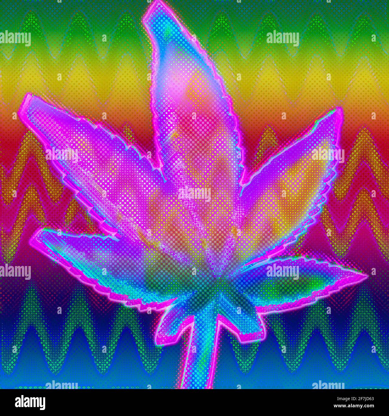Ein abstraktes psychedelischer Grunge-Cannabisblatt-Hintergrundbild Stockfoto