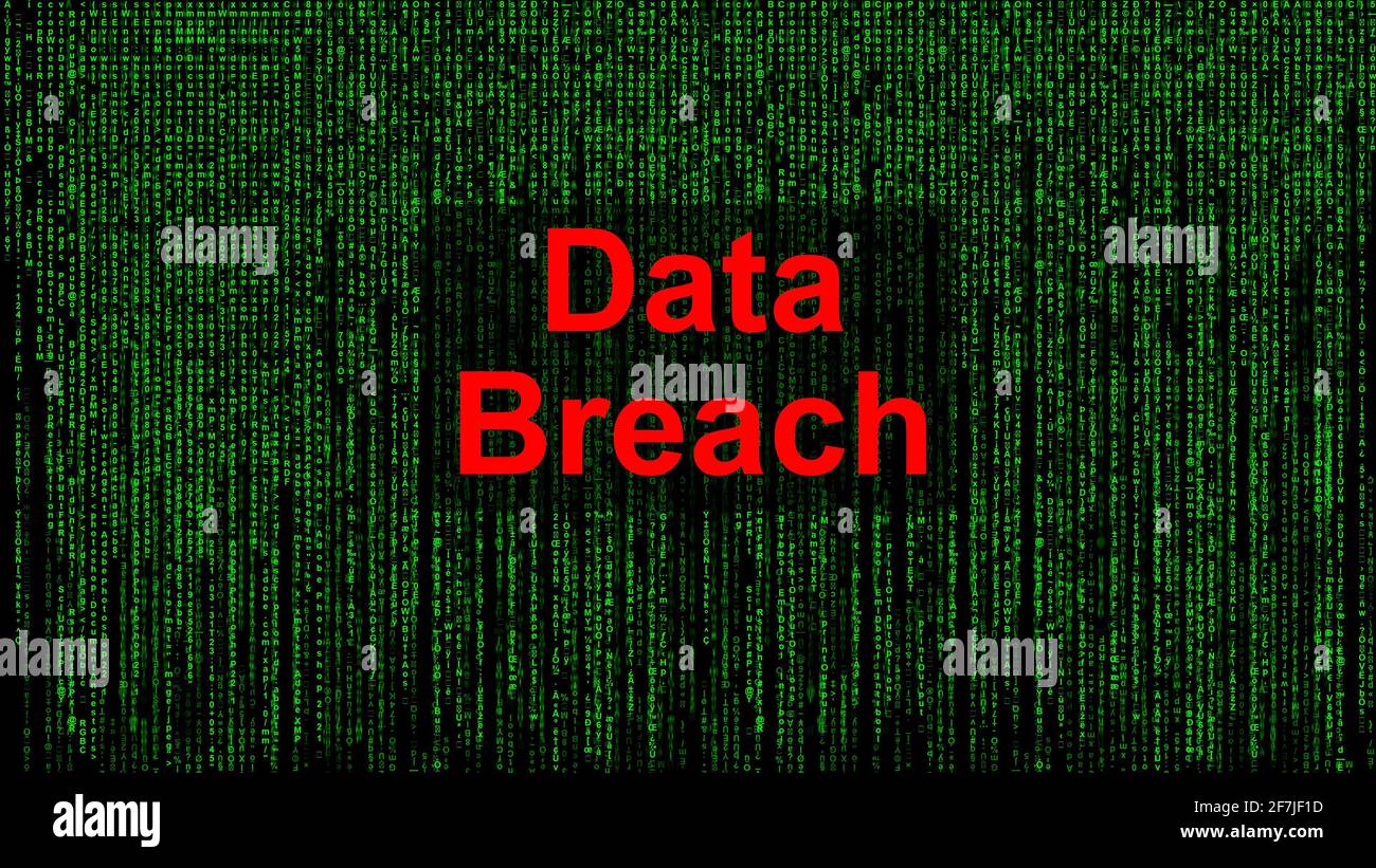Datenschutzverletzung. Roter Text mit Data Breach vor grünem Text im Matrixstil Stockfoto