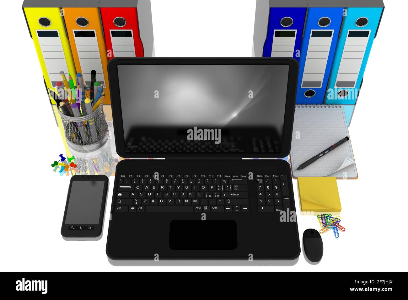 Auf einem Schreibtisch befinden sich ein Laptop, Ordner und Dokumentenmappen, Schreibwaren. Ich arbeite in einem Büro. Stockfoto