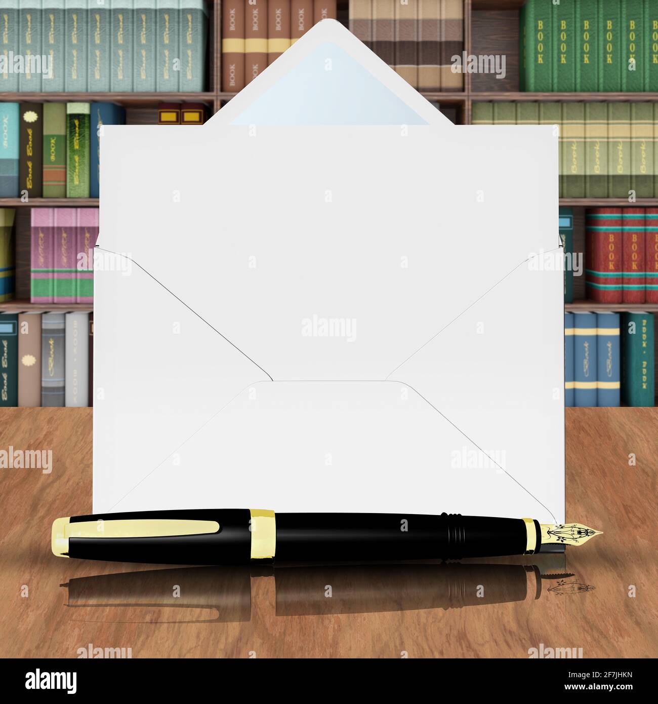 3D-Darstellung. Umschlag mit Buchstaben symbolisiert e-mail mit Brunnen im Vordergrund. Stockfoto