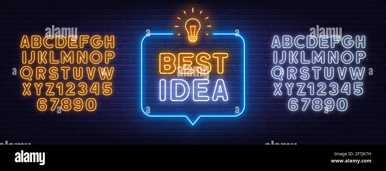 Beste Idee Neon-Zeichen in der Sprechblase auf Backstein Wand Hintergrund. Gelbe und weiße Neon-Alphabete. Stock Vektor