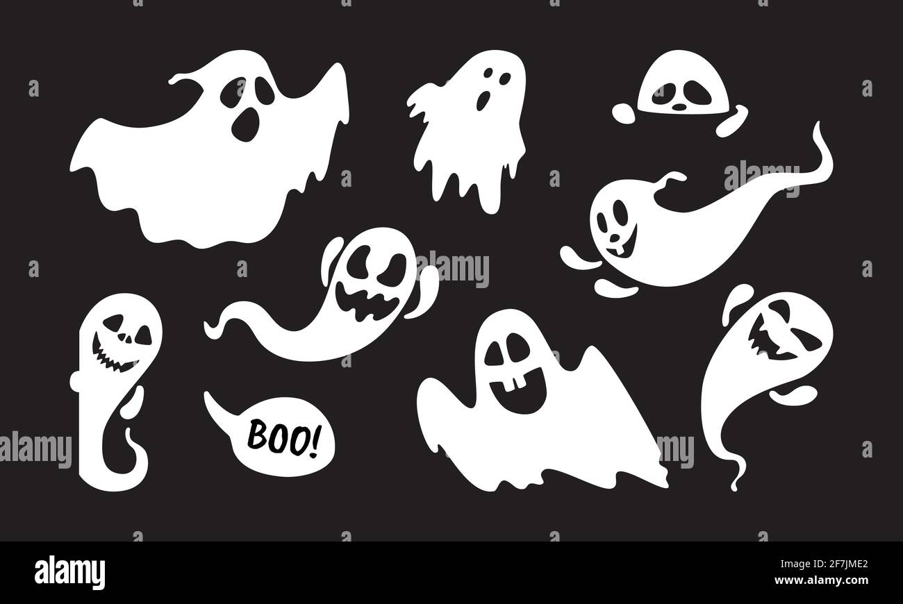 Niedliche Geist Urlaub Zeichen flachen Stil Design Vektor Illustration Set isoliert auf schwarzem Hintergrund. Halloween boo gruseliges Symbol, das über dem Schwarzen fliegt Stock Vektor