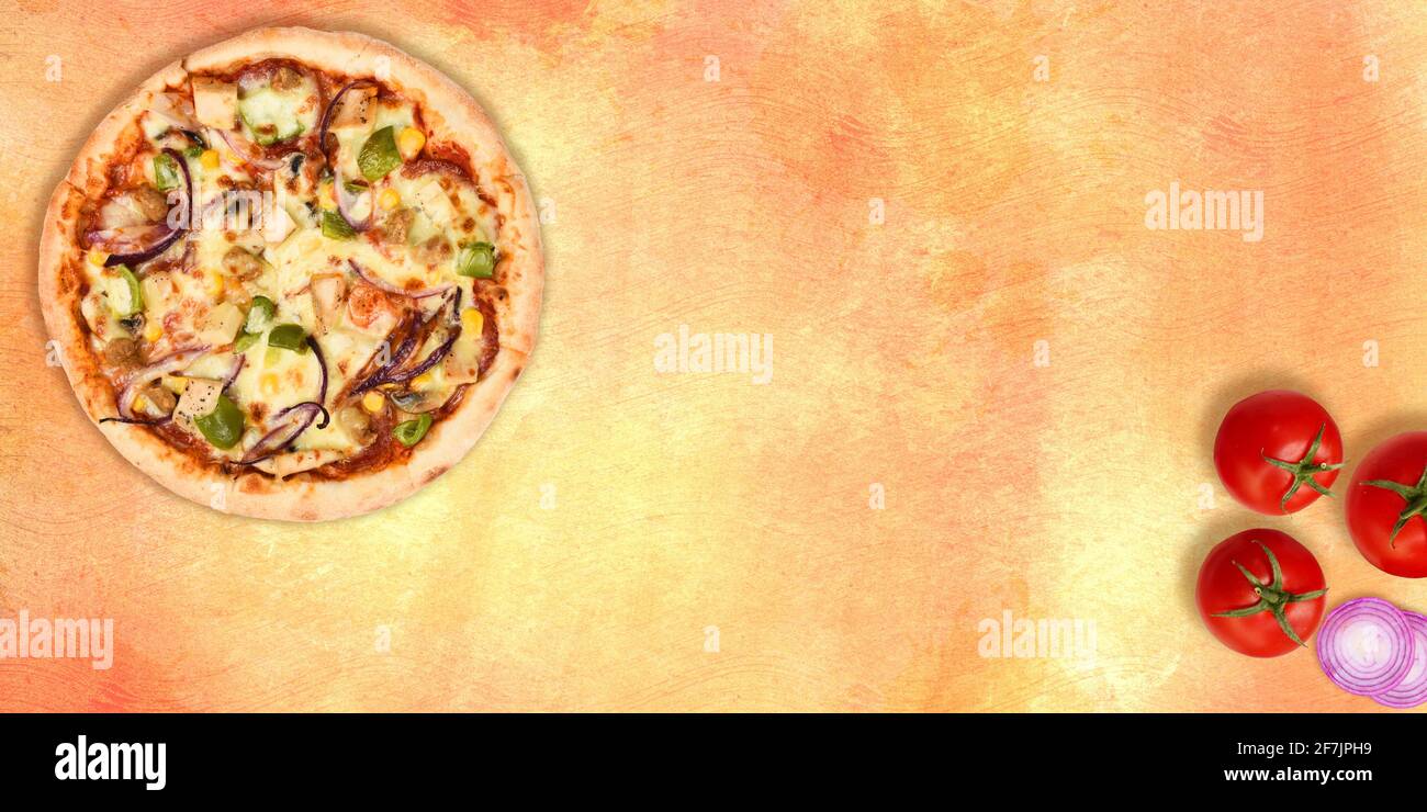 Pizza Hintergrund Vorlage Pizzeria Lieferservice bestellen Menü Karte Zutaten Mehl orange gelb rustikal Belag Käse Tomaten Eier Gewürze Küche Stockfoto