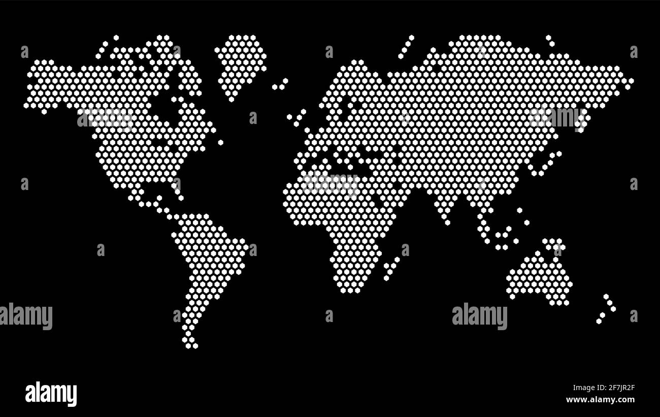 Weltkarte mit sechseckigen Pixeln in Schwarzweiß. Vektor-Illustration Planet Erde Kontinente Sechskantkarte gepunktetes Mosaik. Verwaltungsgrenze, Landkomposit Stock Vektor
