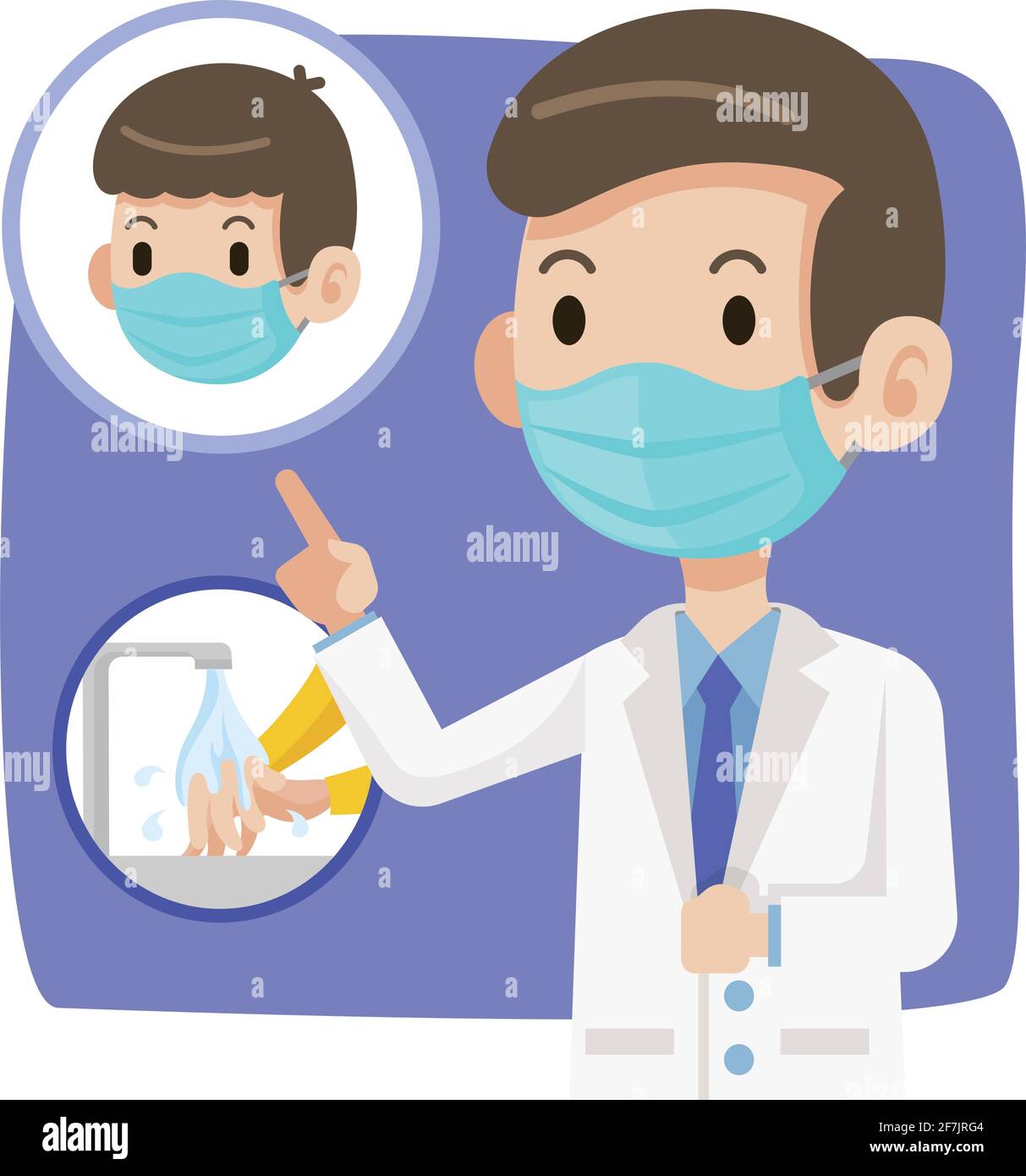 Arzt trägt eine schützende chirurgische Maske und empfehlen Menschen zu tragen Chirurgische Maske und Händewaschen zum Schutz vor Viren-Coronavirus Covid-19 - vect Stock Vektor
