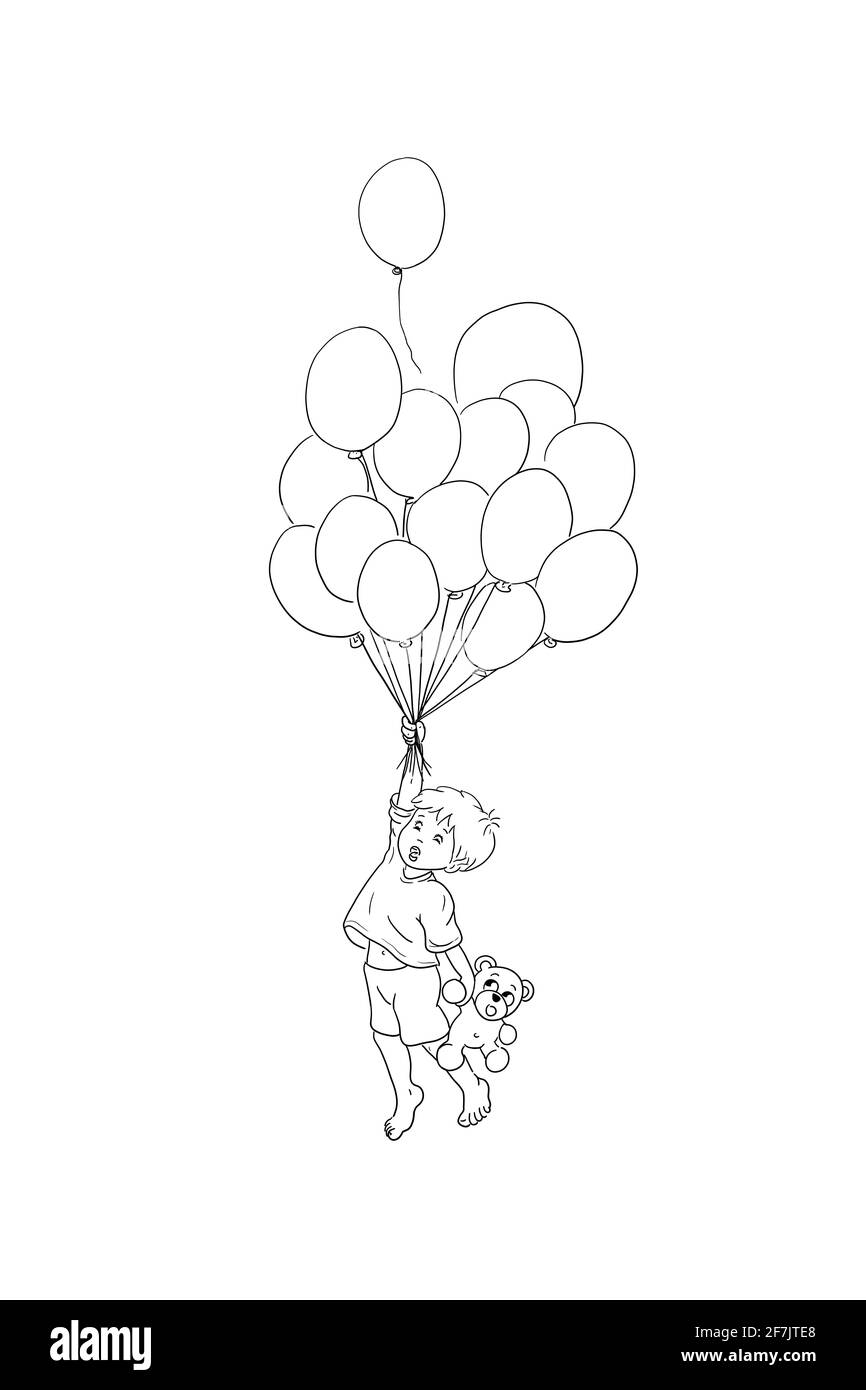 Das sind alle meine Ballons. Malbild Hintergrund weiß Junge hängt mit Teddy auf Luftballons fliegt durch die Luft Horror Freude Mund geöffnet Stockfoto