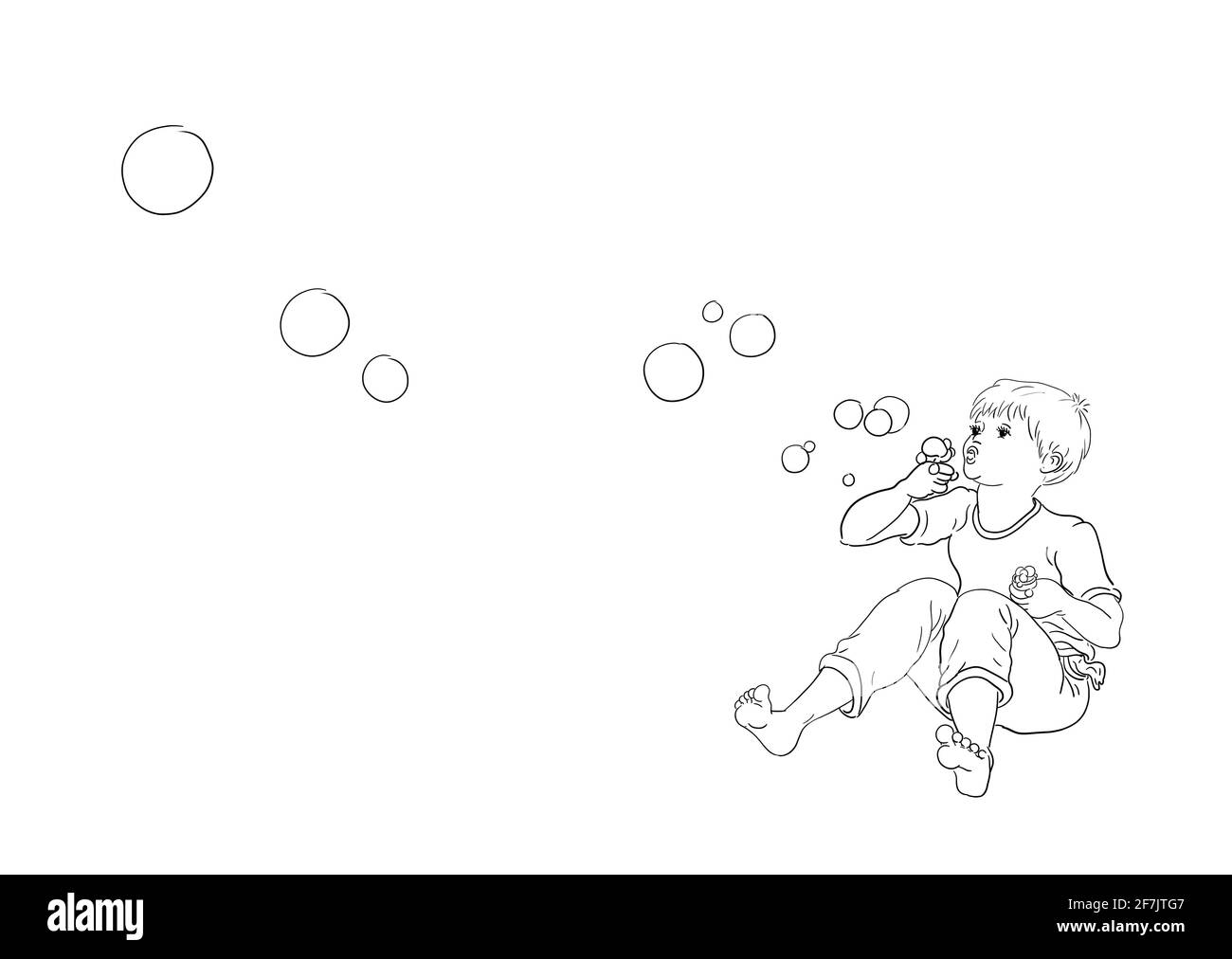 Ich liebe Seifenblasen Hintergrund weiß Junge sitzen gekreuzt barfuß Schläge Blasen Blasen Blasen Blasen fliegen durch die Luft Flip-Flops liegen Vor Stockfoto